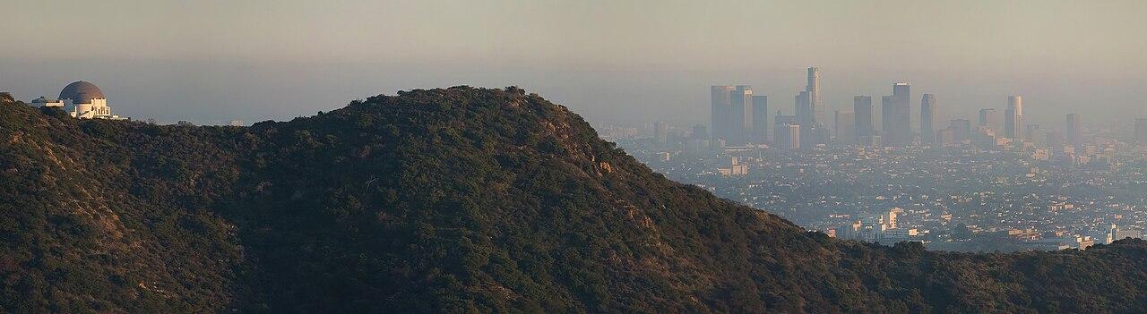 Griffith Observatory and hazy Los Angeles skyline panoramic view