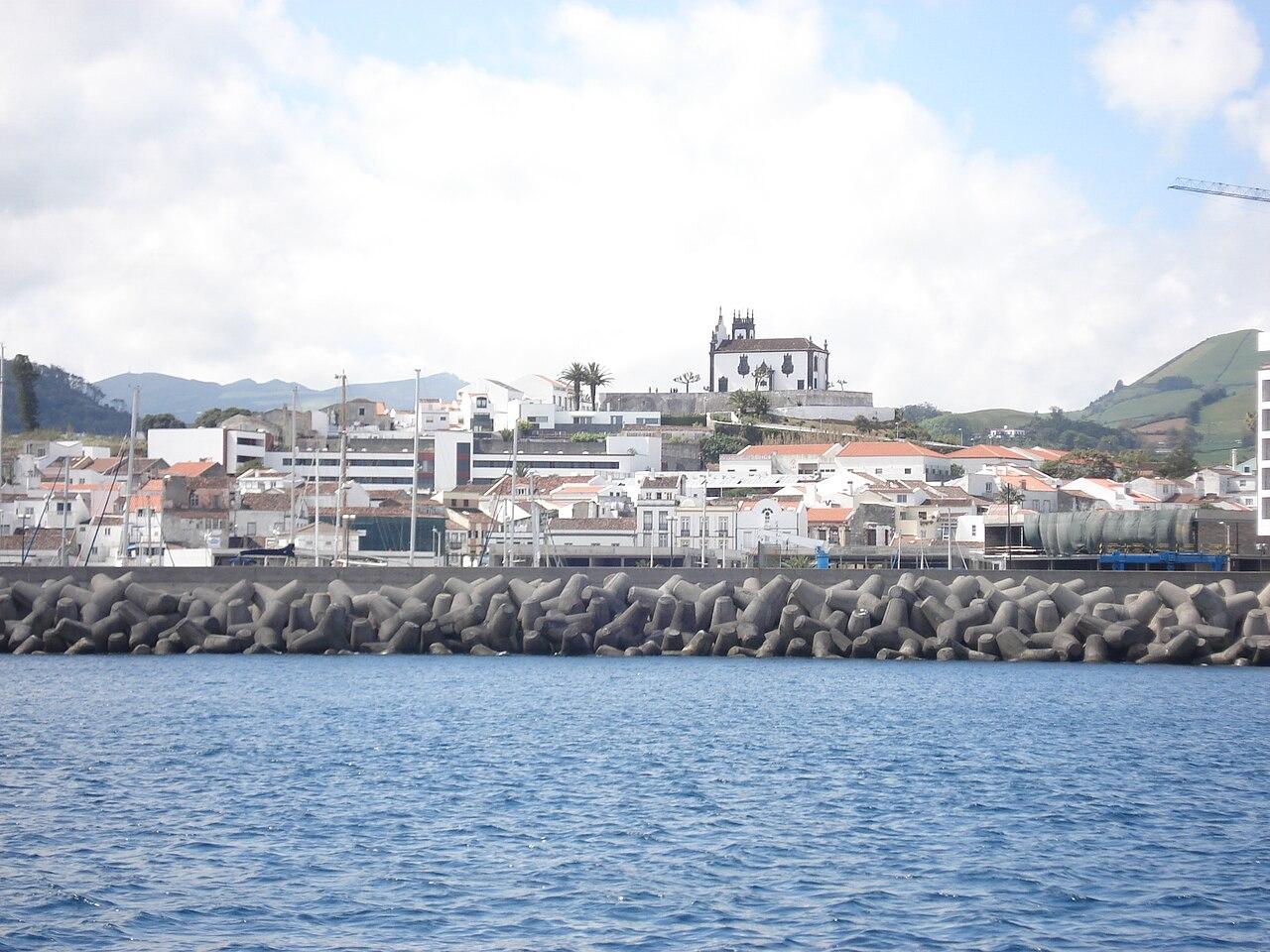 Aerial view of São Miguel island coastline near Ponta Delgada Airport Azores