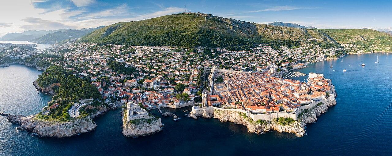 Aerial view of Dubrovnik old town harbor and coastline, Croatia