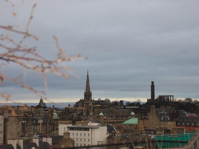 Panoramic view of Edinburgh city skyline from Calton Hill