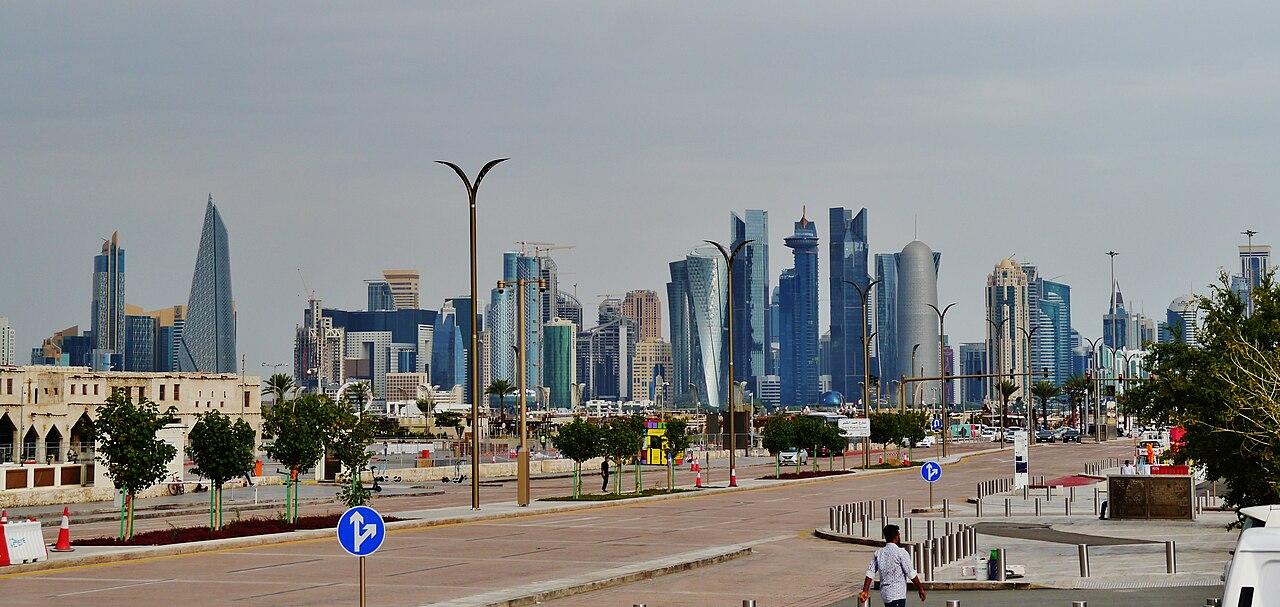 Doha city skyline viewed from road near Hamad International Airport