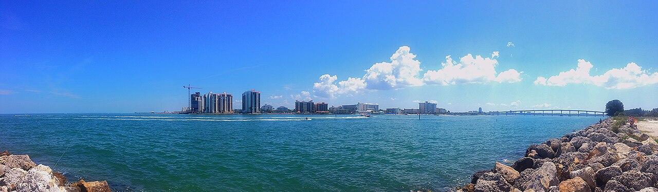 Aerial view of St. Pete-Clearwater area waterway with city skyline in background